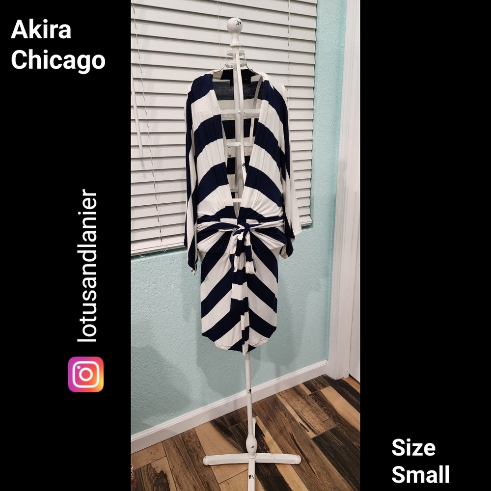 Akira Chicago Black Label Striped Dress w/ Plunging Neck Line Sz Small